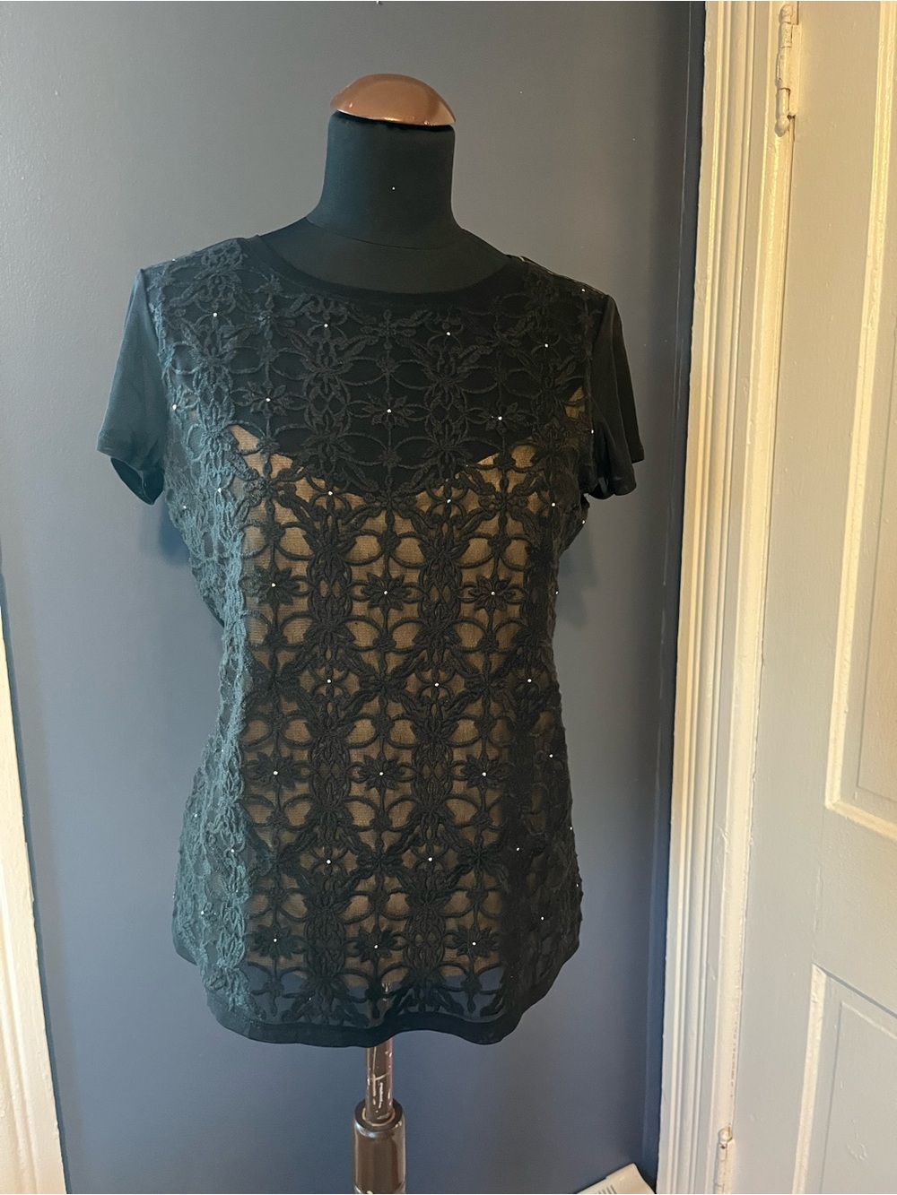 INC International Concepts Black Short Sleeve Lace Overlay Tee
